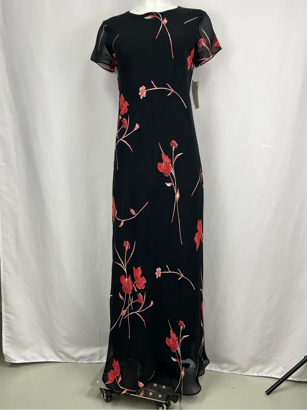 NWT Beautiful and flattering Black Maxi Dress with Red Floral Print
